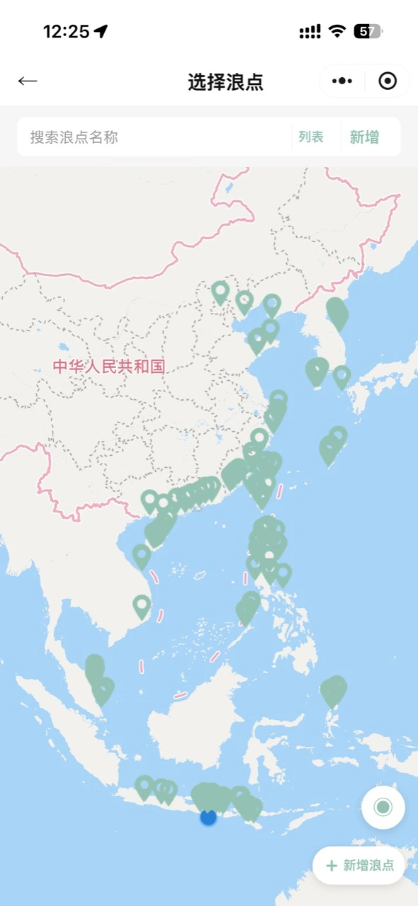冲浪家小程序选择浪点地图真实截图,展示亚洲多个海岸区域的浪点标记